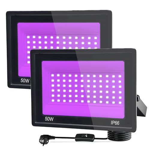 Yuaiosn 2 Piezas LED Luz Negra 50W, Foco LED Ultravioleta 395-400NM IP66 Impermeable, Luz Negra Ultravioleta Para Halloween, Navidad, Bar, Body Painting, Fiesta, Discoteca