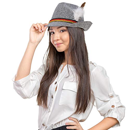Skeleteen German Oktoberfest Alpine Fedora - Bavarian Swiss Traditional Trachten Felt Costume Hat with Feather for Kids and Adults Grey