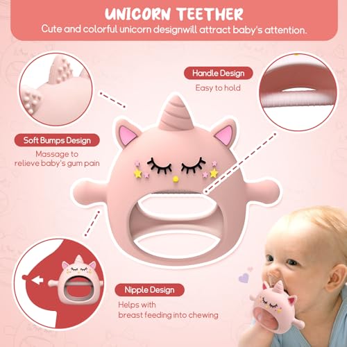 Image of Tinabless Teething Toys for Babies 6-12 Months, Unicorn Never Drop Silicone Teether Designed for Babies 0-6 Months, Car Seat Toy for New Born, Natural Organic Baby Teether for Boys & Girls, Pink