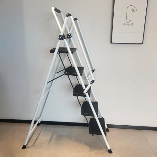 Image of 5 Step Ladder, Folding 5 Step Stool with Handrails, Sturdy Steel Ladder with Wide Pedal, Ladders for Home Kitchen Pantry Office, Lightweight Sturdy Steel Ladder for Adults Portable, White