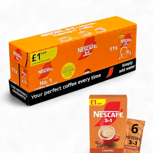Nescafé 3 in 1 CARAMEL Instant Coffee Sachets Bulk Pack - 66 Single Serve Powder Sachets (11 Boxes x 6 Sachets) - Sweet & Creamy All-in-One Coffee Mix