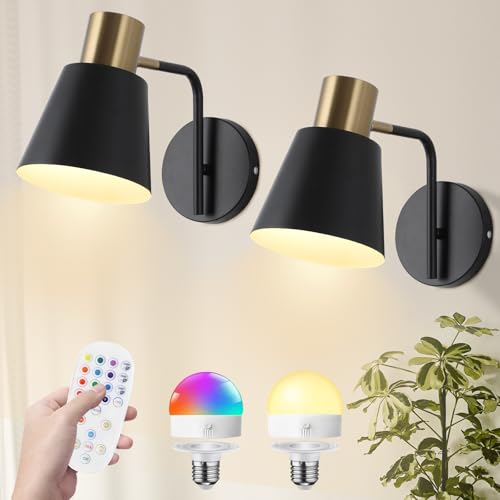 Image of Battery Operated Wall Sconce Set of 2,Rechargeable Wall Lights with Remote Control,Black Gold Modern Wall Sconces Dimmable,15 Colors,Wireless LED Wall Lamp for Bedroom Living Room Farmhouse Hallway