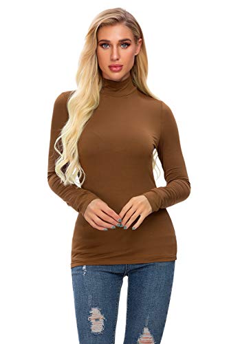 Women's Long Sleeve Turtleneck Shirt Basic Stretchy Lightweight Layer Top Coffee
