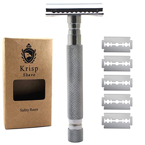 Krisp Beauty Stainless Steel (4.2") Long Handle Safety Razor for Men - Double Edge Razor - Fits All Double Edge Razor Blades - Comes With 5 Shaving Blades