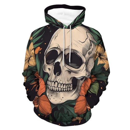 Sweat à capuche imprimé crâne et feuilles avec manches longues confort