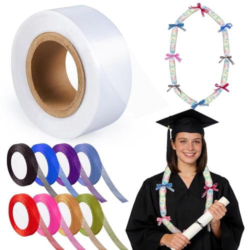 ARCTURINE 2 inch x 787 ft Candy Lei Poly Tubing with 288 yd Organza Ribbon, Clear Graduation Candy Lei Making Kit with Plastic Poly Tube 8 Rolls Ribbon for DIY Graduation Decor Snacks Wrapper
