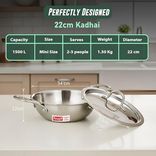 Image of Parage Tripure Tri-Ply Stainless Steel Kadai with Lid 22 cm, 1.5 LTR | ISI Mark Certified | Heavy Bottom SAS Triply Kadhai for Deep Frying & Cooking | Induction & Gas Stove Compatible, 5Years Warranty