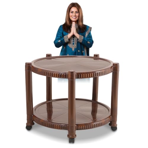 Image of Maharaja Plastic Coffee Table with Wheels - Multipurpose Trolley Table for Home, Living Room, Balcony & Office Use (Teakwood.)