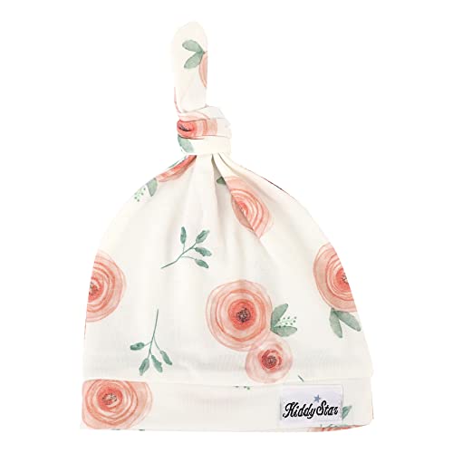 Kiddystar Newborn Baby Top Knot Hat, Mittens, Infant Caps - Adjustable Beanie Hat For Baby Boy And Girl, Off White, Floral Print #TOP29