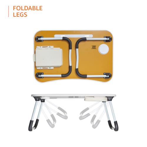 Image of Amazon Basics Engineered Wood Foldable Laptop Table with Cup Holder, Tablet Groove and Mini Drawer (60L x 40W x 26H cm, Brown)