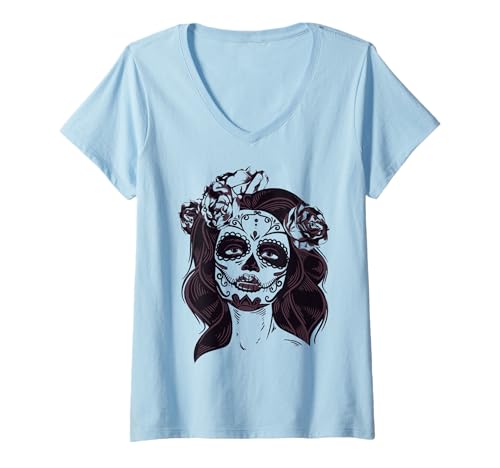 Donna De Los Muertos La Catrina Giorno dei Morti Sugar Skull Women Maglietta con Collo a V