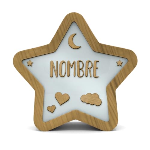 CUAC REVOLUTION Lámpara Estrella Madera Personalizada. Luz LED Infantil Quitamiedos con Nombre. Lámpara de Noche Infantil Nuevo Modelo Niños y Bebes Regalo Original (Mix)