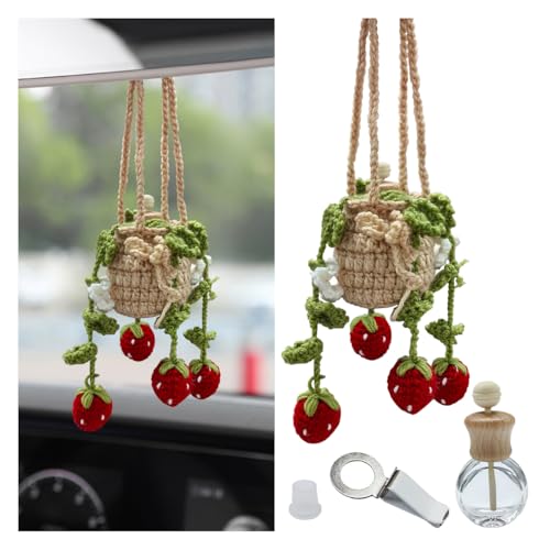 DUSCOKE Crochet Hanging Plant Car Air Freshener Pendant- 12ml Empty Refillable Essential Oil Diffuser Bottle and Cute Potted Plant Car Rear View Mirror Charm- Handmade Knitted Ornament (Strawberry)