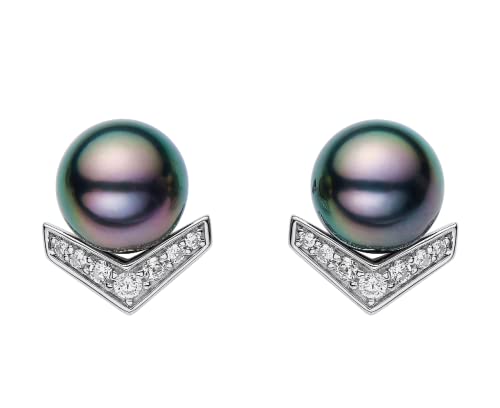 Chaulri Lucky Chevron Top Grade Aaa Genuine South Sea Tahitian Black Pearl Stud Earrings 18K White Gold Plated 925 Sterling Silver - Birthday Anniversary Jewelry Gifts For Women Wife Mom Daughter #TOP7