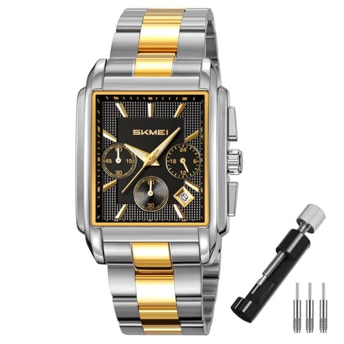 SKMEI Square Watch for Men Business Stainless Dress Fashion Chronograph Waterproof Luxury Analog Simple Fathers Dad Gifts Black Wrist Watches