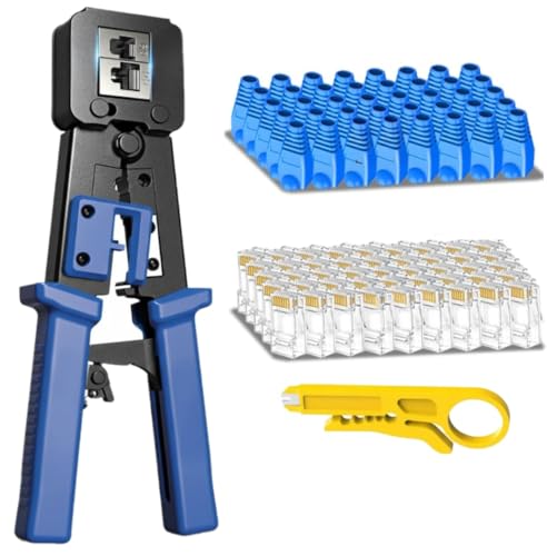 Image of XIKKART All-in-One Pass-Through RJ45 Crimping Tool Kit - Ethernet Crimper for Cat5, Cat6 - Includes Wire Stripper, Cutter, 10 Cat6 Pass-Through Connectors & 10 Multicolor Strain Relief Boots