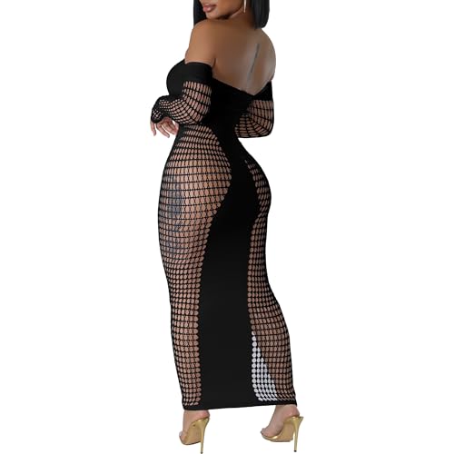 Women's Dress Sexy Club Dress Elegant Long Sleeve Off Shoulder Hollow Out Mesh Bodycon Party Dresses2