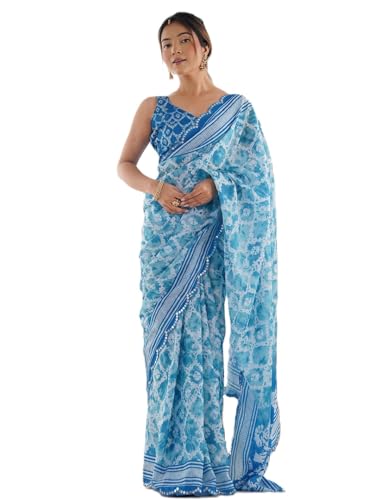 Image of Panzora Women's Chinon Printed Saree With Unstitched Blouse Piece