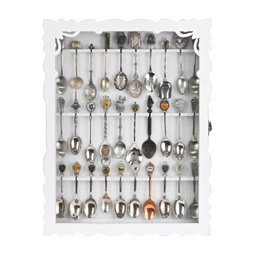 Ikee Design Wooden 30-Souvenir Spoon Display Case Cabinet Wall-Mounted Tea Spoon Rack with Tempered Glass Suitable for Collection Display Antique White 13.4W x 2.6D x 15.7H in
