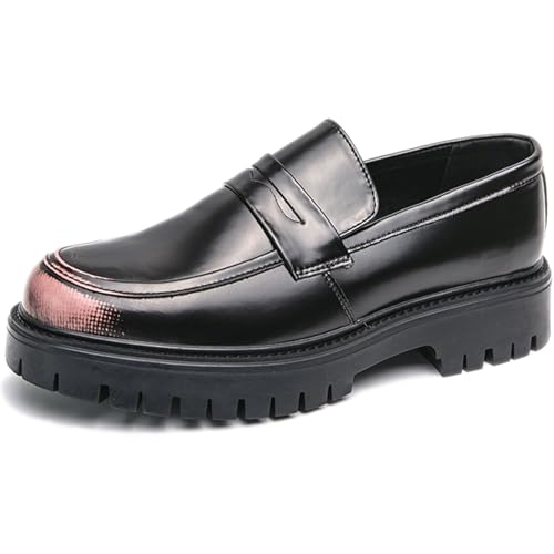 Men's Leather Platform Slip-On Loafers Classic Round Toe Chunky Heel Comfortable Anti-Slip Lug Sole Slip-On Penny Loafers for Wedding Business Dressy Driving Casual