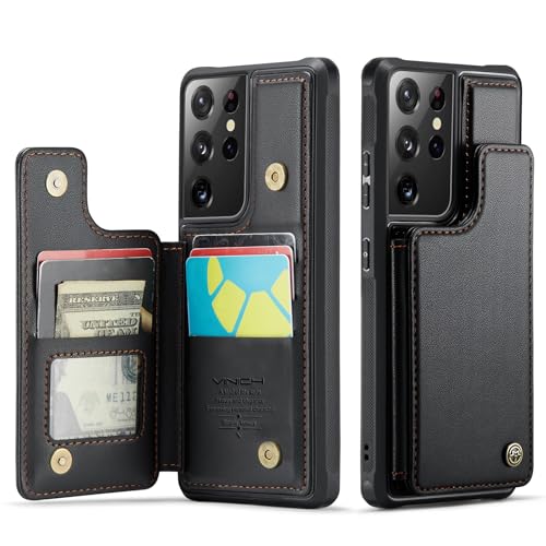 Vinich for Samsung Galaxy S21 Ultra Case with Card Holder, for Samsung S21 Ultra Wallet Case for Women Men with RFID Blocking, Durable Kickstand Shockproof Case for Galaxy S21 Ultra 5G, Black