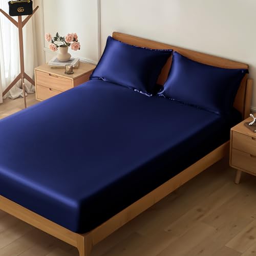 VACVELT 3-Piece Satin Fitted Sheet Set Queen Size, Navy Blue Bottom Bed Sheet with 2 Pillowcases, Similar to Silk Sheets, Luxury & Silky Bedding Set, 15 Inch Deep Pocket