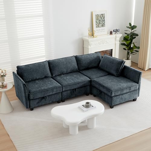 Image of ORRD Corner Modular Sectional Sofa Set, Convertible L Shaped Couch with Storage, 4 Seater Sofa Modular for Living Room, Office (Blue Grey)