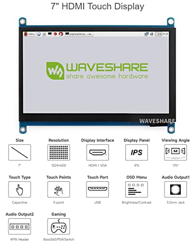 Image of waveshare 7inch Capacitive Touch Screen LCD Compatible with Raspberry Pi 5 /4B /3B+ /3A+ /2B /B+ /A+ /Zero /Zero W /WH /Zero 2W CM3+ /4 Series Boards 1024x600 Resolution HDMI IPS Supports Windows