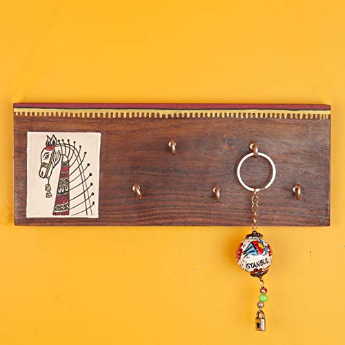 Image of Artysta 'Horse on Plank' Wooden Key Holder | Wall Stylish Decorative Keychain | Key Hold Hanger for Home Decor | Key Orgainzer | Handmade Painted Key Hanger | 5 Key Hooks | Housewarming Gifts