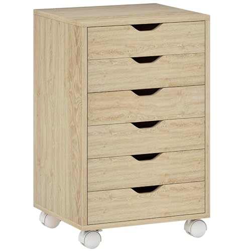HOMCOM Cajonera Escritorio, Archivador Móvil con 6 Cajones, Soporte para Impresora con Ruedas, Guías Deslizantes Silenciosas, para Oficina, Casa, Roble