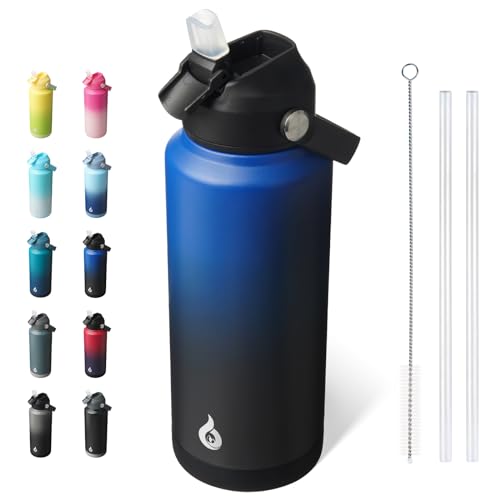 Image of BJPKPK Water Bottle with Straw Lid, 32oz Vacuum Insulated Water Bottles, Metal Stainless Steel Thermo for Sports, Travel, BPA Free Leak Proof Thermo, Cups, Flasks, Tumblers,Black Blue