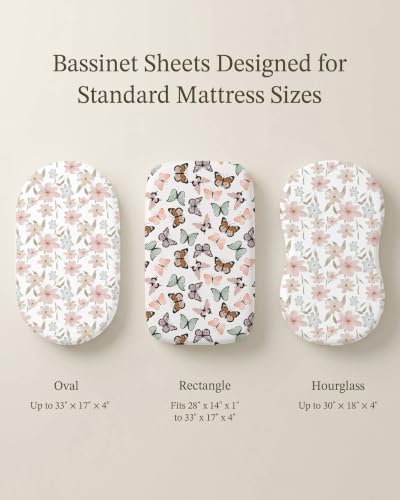 Image of Bassinet Sheets for Baby Girls Boys 2 Pack, Fitted Baby Mattress Sheet for Rectangle, Oval, Hourglass Bassinet Mattress, Breathable Cozy & Universal Fit (Butterfly Dance, Bassinet Sheet)