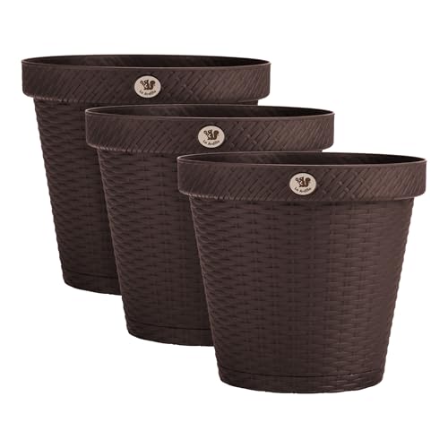 La Ardilla Kit de 3 Macetas de Plástico, Acabado Rattan, con Plato Externo para Evitar escurrimiento de Agua. (Chocolate)