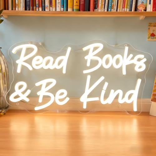 Image of Read Books And Be Kind Neon Sign for Wall Decor, Dimmable Neon Light Signs for Bedroom LED Signs for Classroom Bookstore Library Study Reading Study Room Decoration