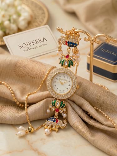 Image of Kashmiri Watch for Women | Gold Tone Round Dial | Crystal Studded Floral Design | Adjustable Chain Traditional Ethnic Jewellery Gift