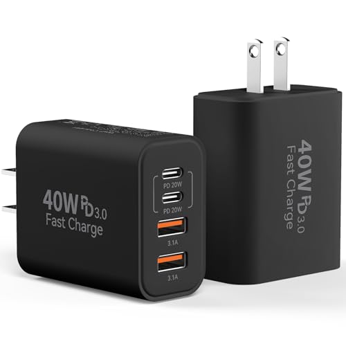 USB C Wall Charger Block, 2-Pack 40W 4-Port Fast Charging Block PD Power Adapter +QC 3.0 USB A Wall Plug Multiport Type C Box Cube for Phone 15/14/13/12/11 Pro Max, Galaxy, Pixel