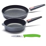 Woll Pfannenset Titanium Nowo 2 Guss-Bratpfannen Ø 28 cm + Ø 24 cm, Höhe 5 bzw. 7 cm mit abnehmbaren Griff, inkl. 1 x Gemüsemesser