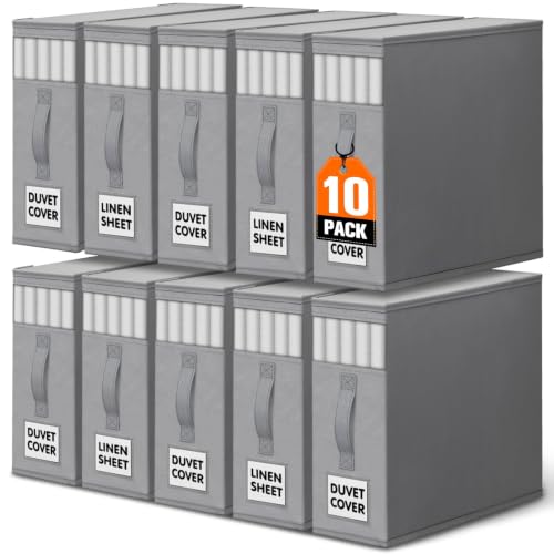 WOWBOX Sheet Organizers and Storage,Closet Bed Sheet Organizer Under Bed Storage and Organization with Label Cards & Clear Window for Bedding Sheets,Duvet Covers,Blankets (10 Pack，Gray)