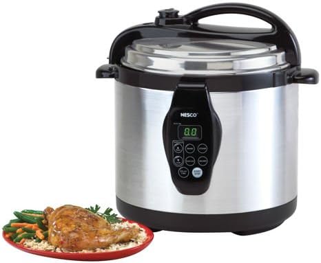 NESCO PC6-25-30TPR Pressure Cooker with cooked chicken and vegetables