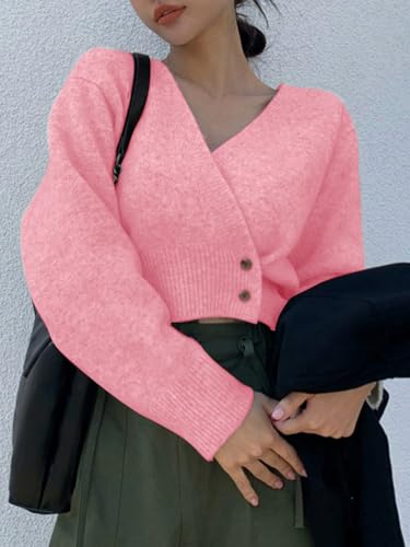 Image of WDIRARA Women's Wrap V Neck Sweater Button Front Long Sleeve Crop Knitted Top
