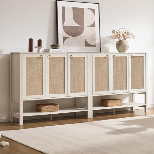 Image of SICOTAS Rattan Shoe Cabinet with Storage - 2 Pieces Large Boho Shoe Organizer with 3 Doors & Adjustable Shelves, Tall Farmhouse Shoe Rack Cabinet for Entryway, Hallway, Living Room (White)