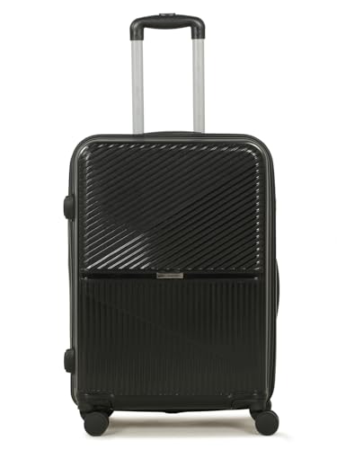 Image of Teakwood Meduim Size 8 Wheels Trolley Bag, Hard Cabin with Zipper Closure, Adjustable Push Button & Cross Side Strap, Number Lock System 360 Degree (Medium, Black)