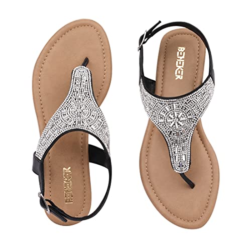 Image of BENEKER Women's Rhinestone Thong Flat Sandals T-Strap Fashion Sandals Ankle Strap Summer Gladiator Sandals