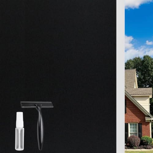 Image of KESPEN Total Blackout Window Film Privacy Static Cling 100% Light Blocking Room Darkening Window Cover Heat Control Anti-UV Glass Sticker Window Tint for Home with Grid Line, 29.5 Inch X 13.1 Feet