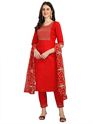 Image of VredeVogel Women Cotton Slub Straight Kurta Set With Pant and Net Embroidery Dupatta