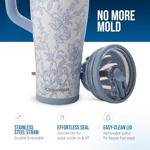 Image of Ice Shaker 32 oz Tumbler with Handle and Straw | 32oz Bleu Toile | Cold for 30+ Hours | 2-in-1 Tumbler Shaker Bottle | Odor-Free 32 ounce Bottle for Water, Protein Shakes, Smoothies, Cocktails
