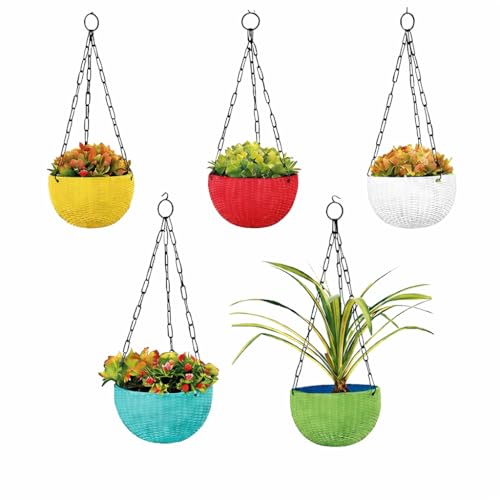 Image of Plastic Plant Pot With Hanging Chain, Multicolour, Pot Diameter -7.1 Inch, Pot Height -4.8 Inch, Pot Thickness -3 mm, Chain Length-13 inch approx., 5 Pieces