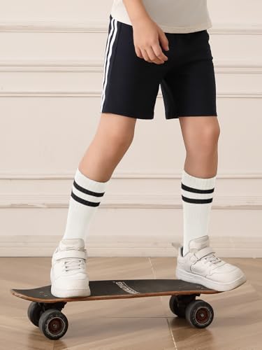 Haloumoning 3 Pairs Boys Soccer Athletic Socks Kids Striped Football Knee High Uniform Sports Tube Socks 4-15 Years3