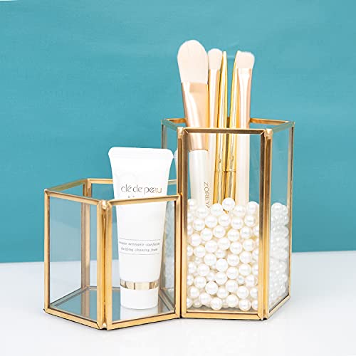 SLHEQING Makeup Organizer Gold Makeup Brush Holder Glass Cosmetic Organizer, Vintage Make up Storage - Image 2
