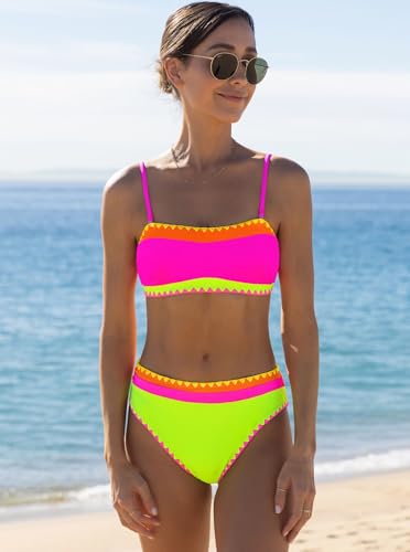 Image of popvil Bikini Sets for Women Bandeau Swimsuits Strapless Two Piece Bathing Suits Neon Swimwear for Beach Vacation 2026
